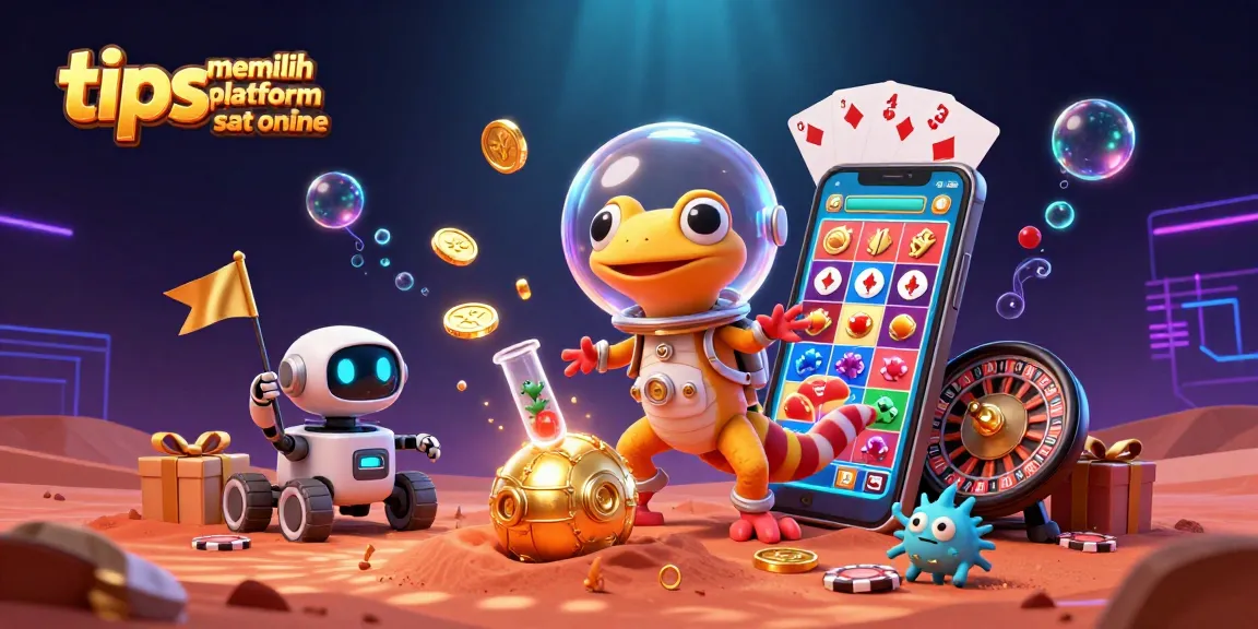 Engage with tips memilih platform slot online through a vibrant 3D casino scene featuring a Martian gecko and slot game elements.