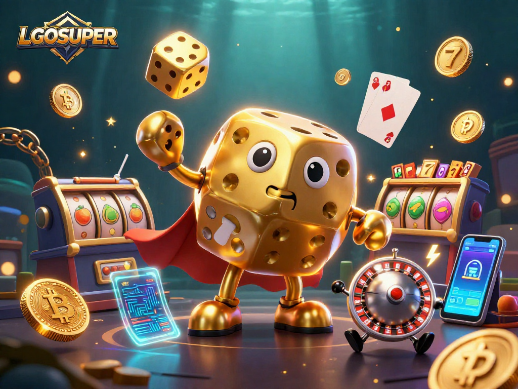 Experience thrilling online gaming with LGOSUPER's dynamic slot scene featuring golden dice and vibrant symbols.