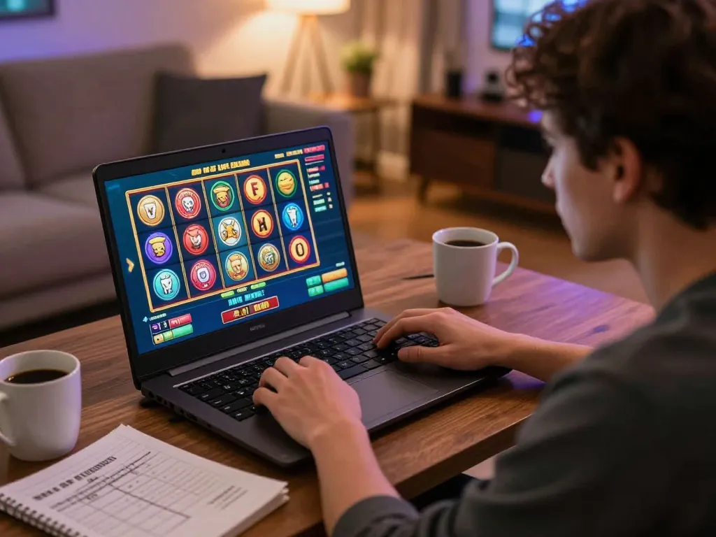 Engaging in a slot thailand game at home, showcasing vibrant graphics and focused gameplay