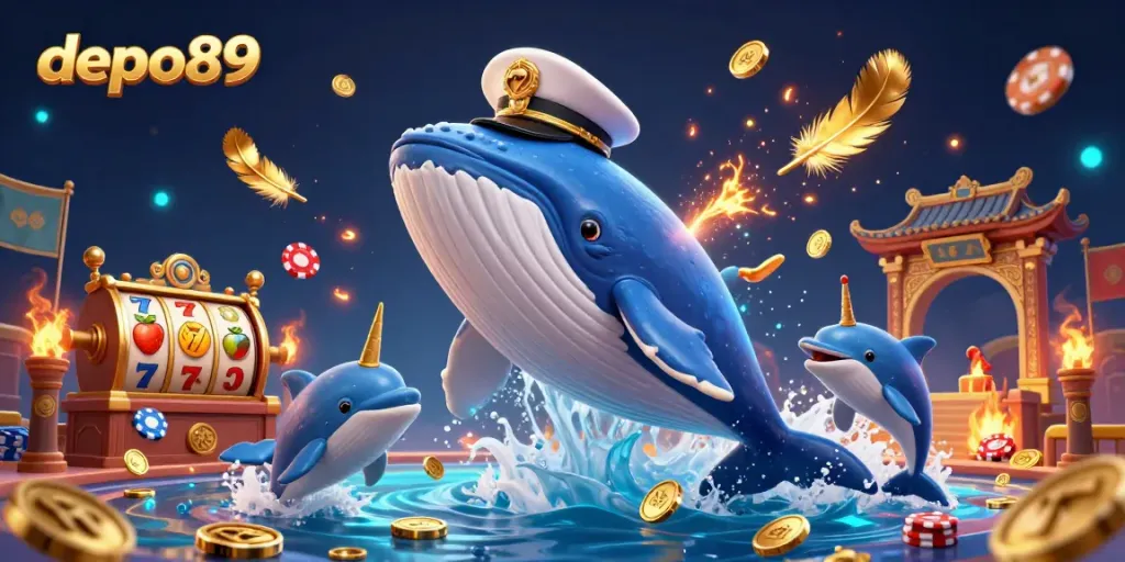 Engage with depo89’s thrilling gaming space, featuring a playful whale, dolphins, and slot elements in a vibrant ocean of coins.