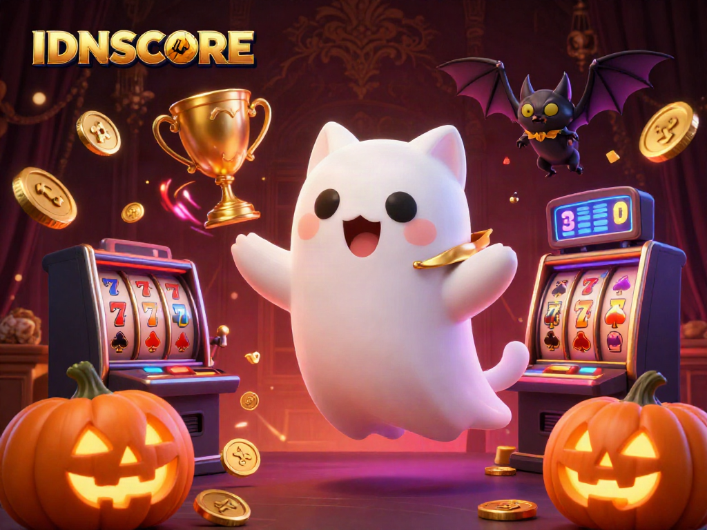 IDNSCORE offers thrilling gaming experiences with ghostly characters in a vibrant casino scene.