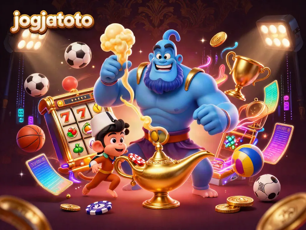 Engage in thrilling gaming with jogjatoto featuring a vibrant scene of a genie, sports elements, and casino symbols.