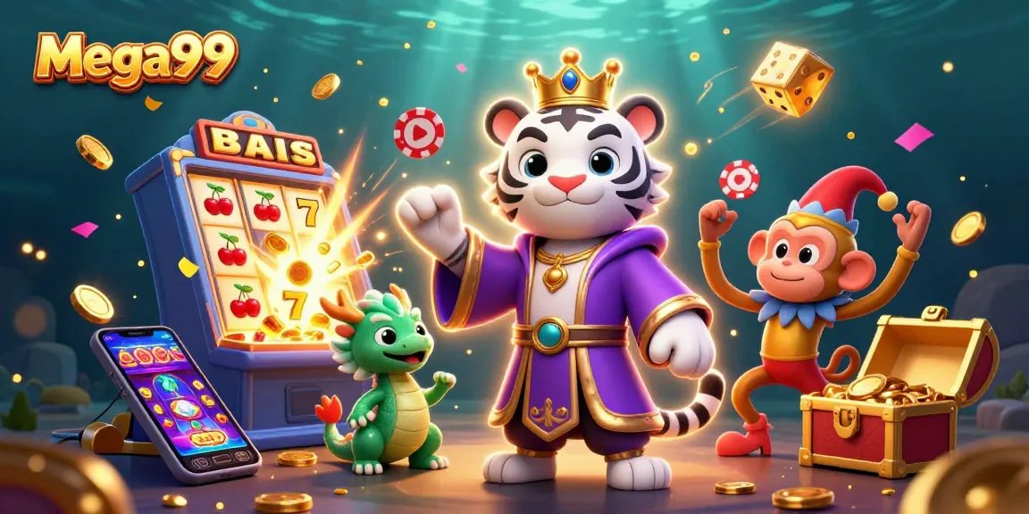 Experience thrilling gameplay with mega99 as a white tiger and jester monkey celebrate jackpot wins.
