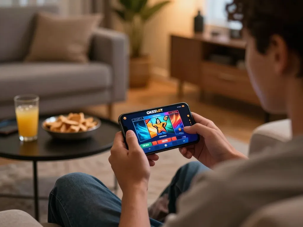 Pengalaman bermain game mobile yang menarik menggunakan aplikasi OKESLOT, menampilkan seorang pemain yang menikmati perjudian santai di rumah.