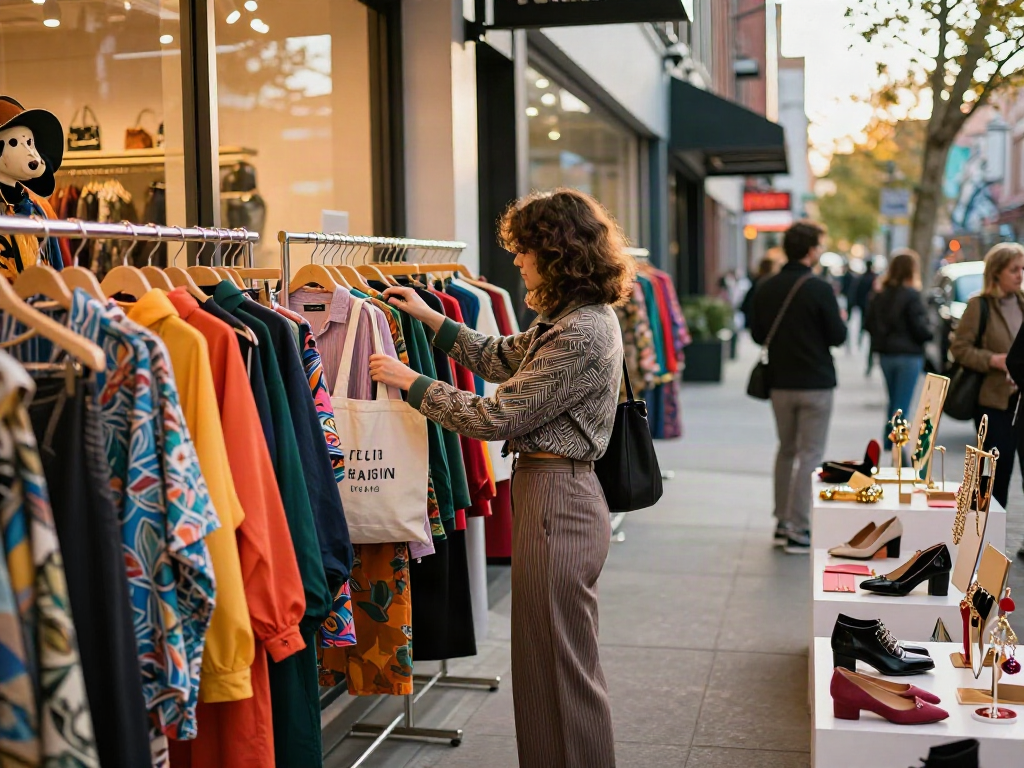 Stylish shopper exploring colorful boutique for bro138 outfits in an urban setting.