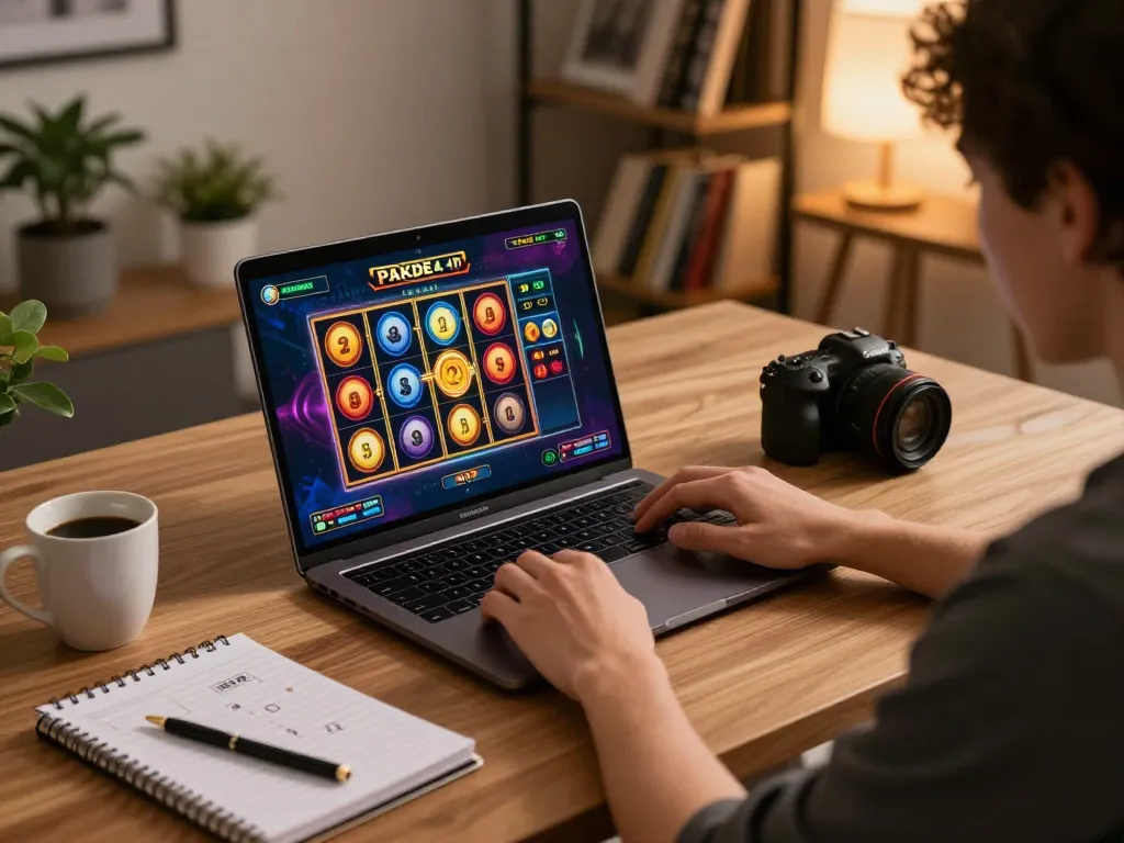 Engaging in a thrilling game of Pakde4D on a sleek laptop in a stylish home office for agile online gambling.