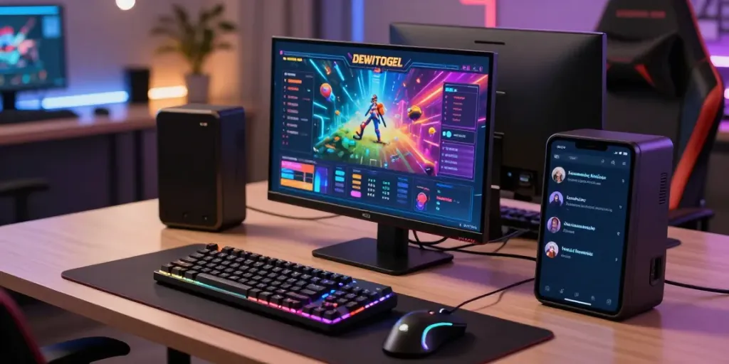 Gambaran antarmuka permainan DEWITOGEL di layar laptop dengan aksesori gaming di sekitarnya