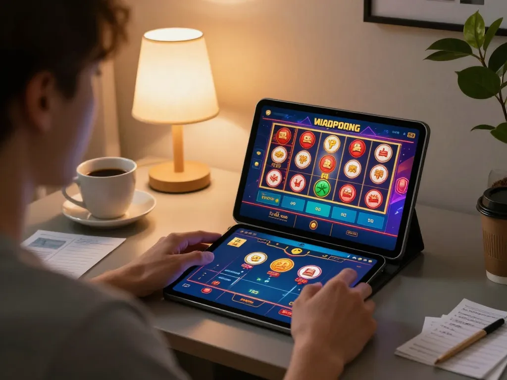 Engaging experience using a tablet for online gambling with the Bonus garansi kekalahan 100% visible on screen, capturing a strategic gaming moment.