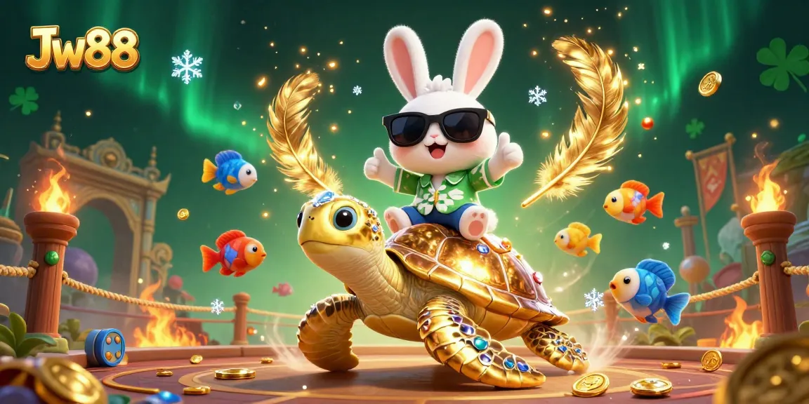 Experience excitement at Jw88 with a vibrant scene of a lucky rabbit and golden turtle in a dynamic casino atmosphere.