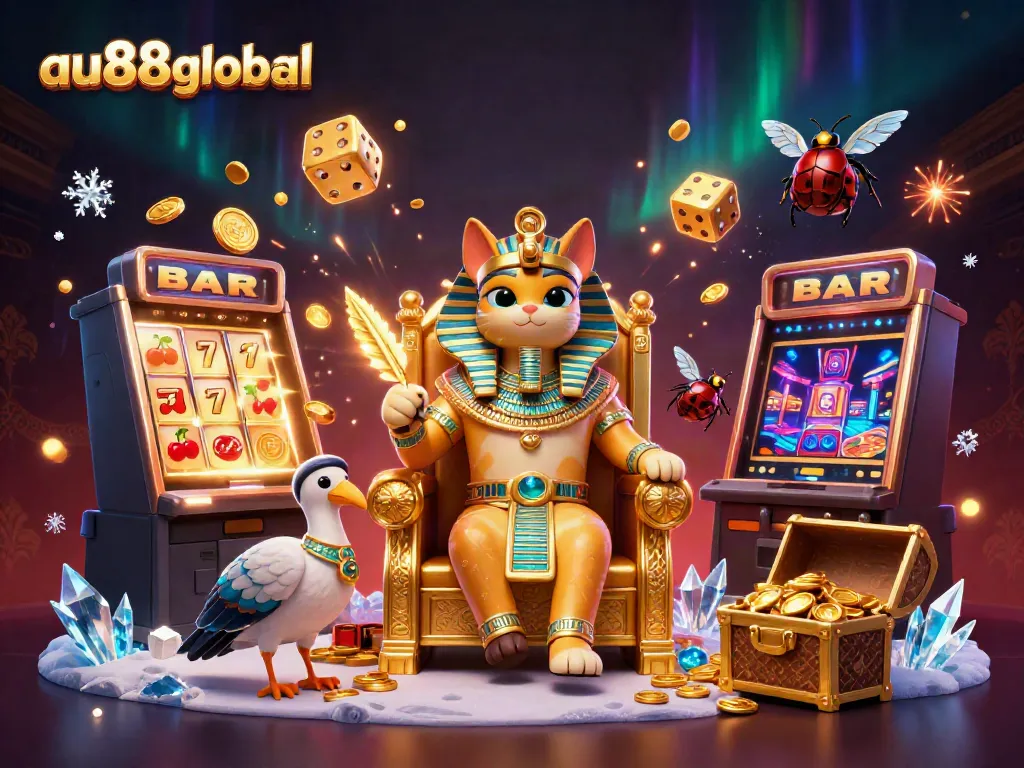 Experience gaming thrills with au88global's vibrant jackpot scene and characters in 3D.