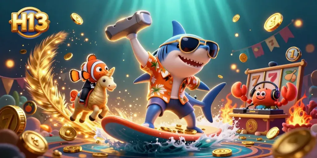 Surfing into excitement: H13 shark rides a wave of gold coins alongside casino symbols in a vibrant scene.