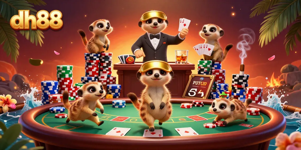 dh88 casino meerkats engaging in an elaborate poker game surrounded by colorful chips and cards