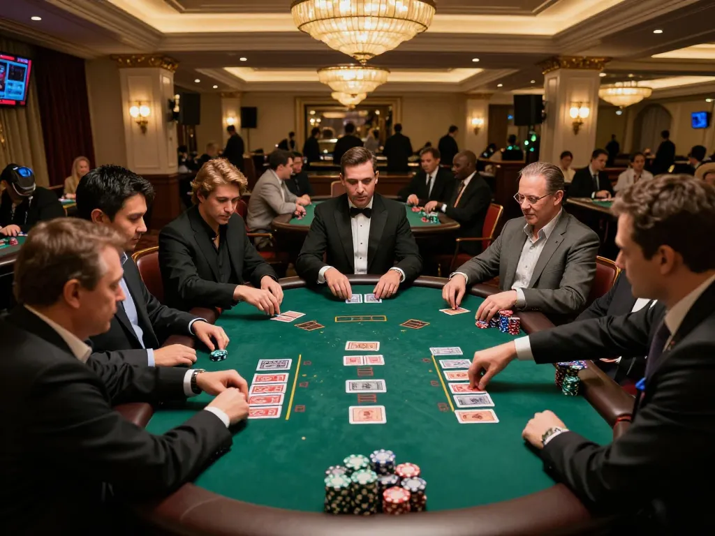 LGO99 players strategizing at a blackjack table under luxury lighting in an upscale casino.