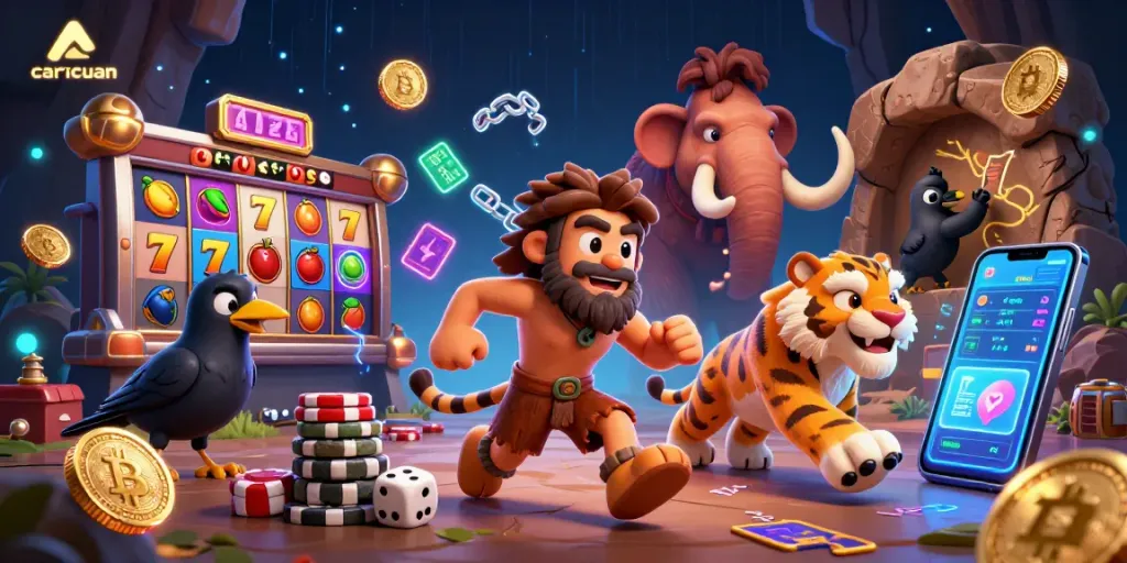Experience the thrilling action of caricuan in a vibrant prehistoric casino scene.