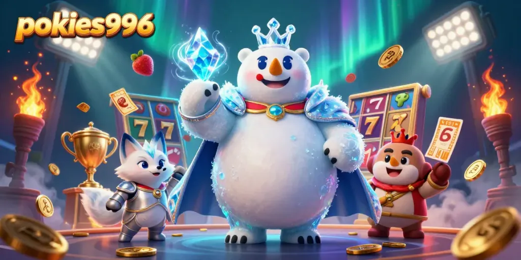 Experience the excitement of pokies996 with vibrant slot reels and dynamic characters in a thrilling casino scene.