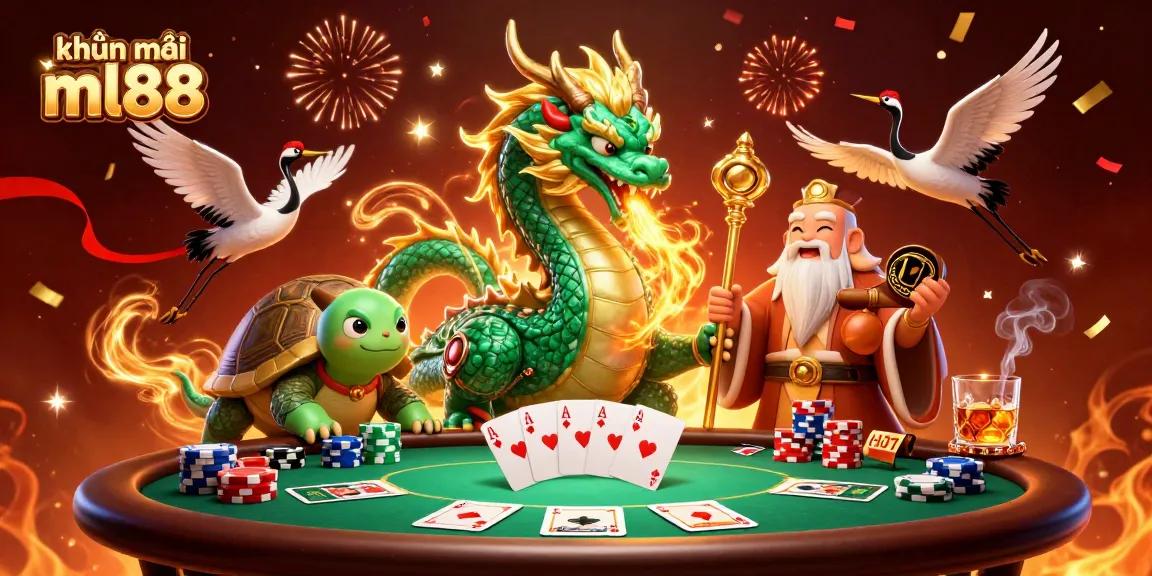 Engage with khuyến mãi ml88 in a dynamic 3D casino scene featuring a jade dragon and lucky characters.