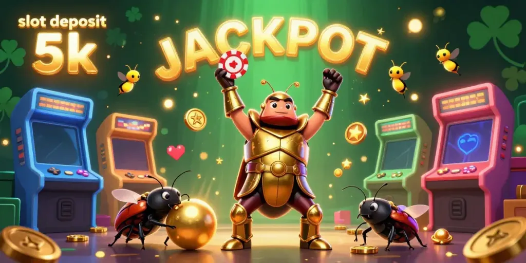 Slot deposit 5k menyajikan ilustrasi kartun 3D dengan karakter menarik dan mesin slot yang cerah.