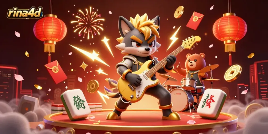 Experience the thrilling casino vibe with rina4d as a cartoon rock star wolf plays guitar on stage, surrounded by joyous gaming elements.