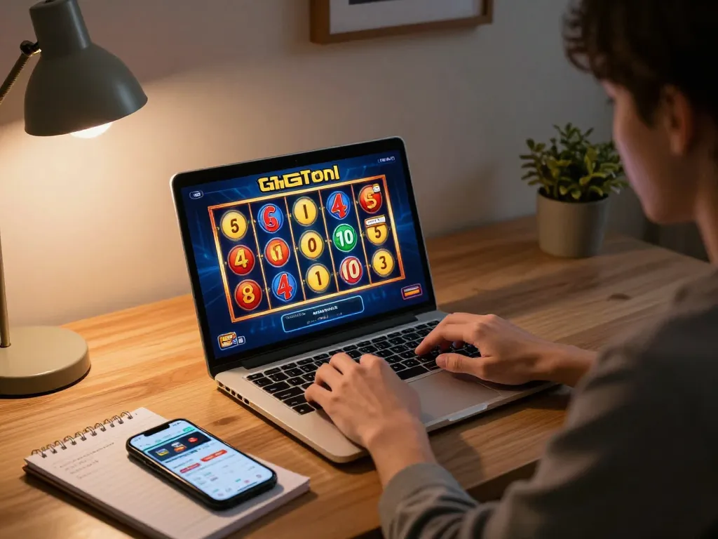 Terlibat dalam permainan slot gacor gampang menang di laptop dalam kantor rumah yang bergaya.