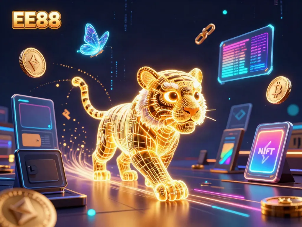 Engage with EE88's vibrant casino landscape featuring neon tigers and glowing crypto coins.
