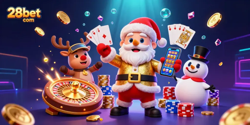 Experience thrilling gameplay at 28bet com with festive characters in a vibrant casino scene.