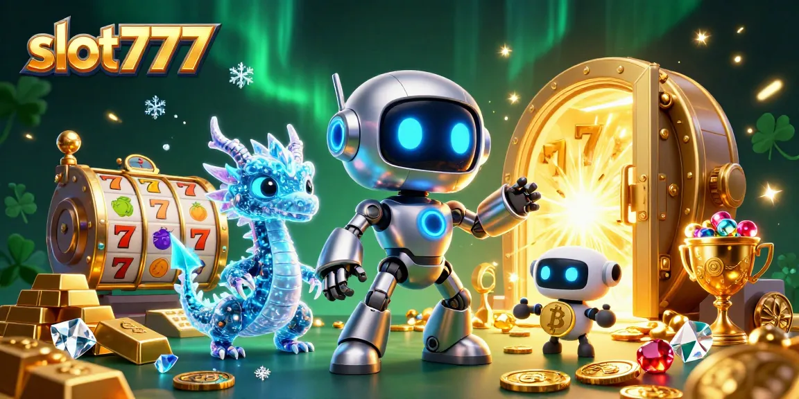 Experience the thrill of slot777 as a cyberpunk robot and dragon encounter dazzling treasures.