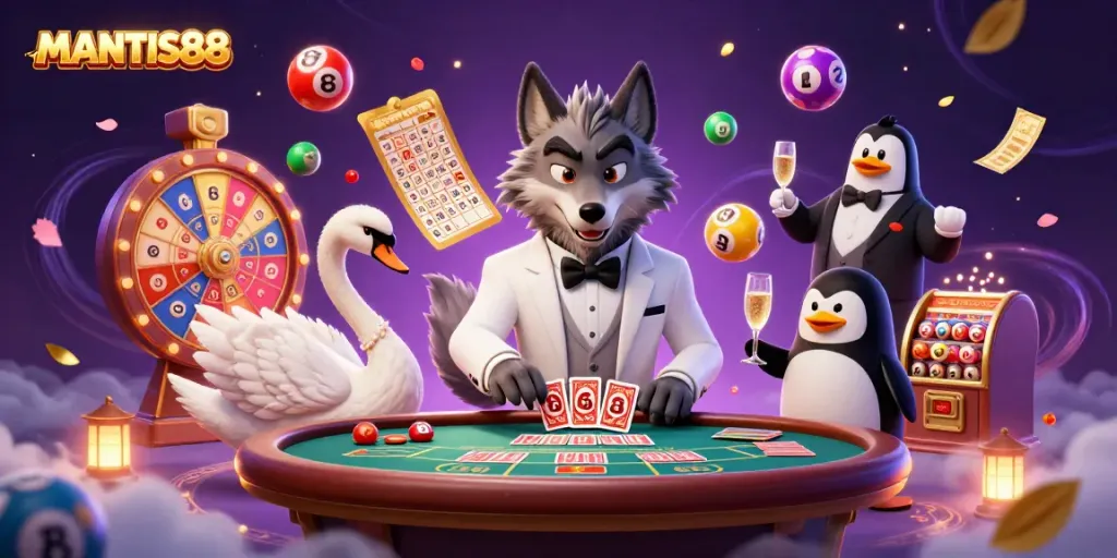 Celebrate winning moments at MANTIS88 with a 3D casino scene featuring stylish characters and vibrant game elements.