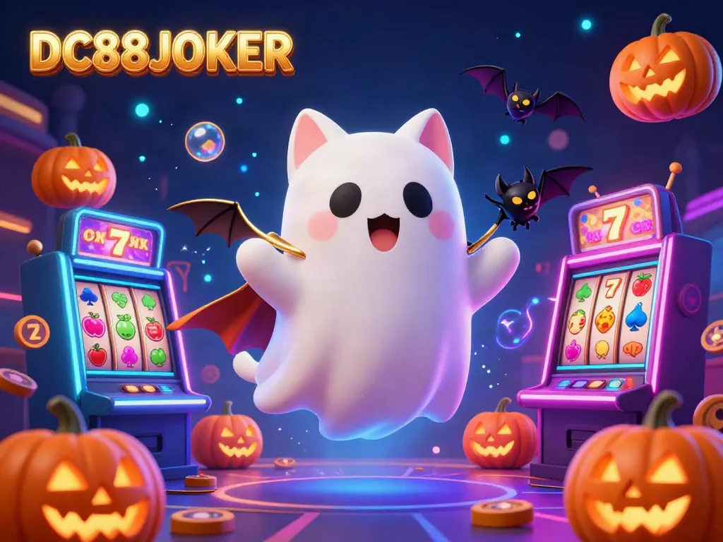 Win big at DC88JOKER while enjoying mystical gaming with a friendly ghost cat and glowing jack-o-lanterns.