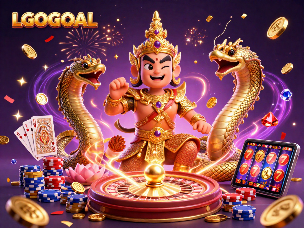 Win big at LGOGOAL with a vibrant casino-themed scene showcasing mythical guardians and gambling elements.