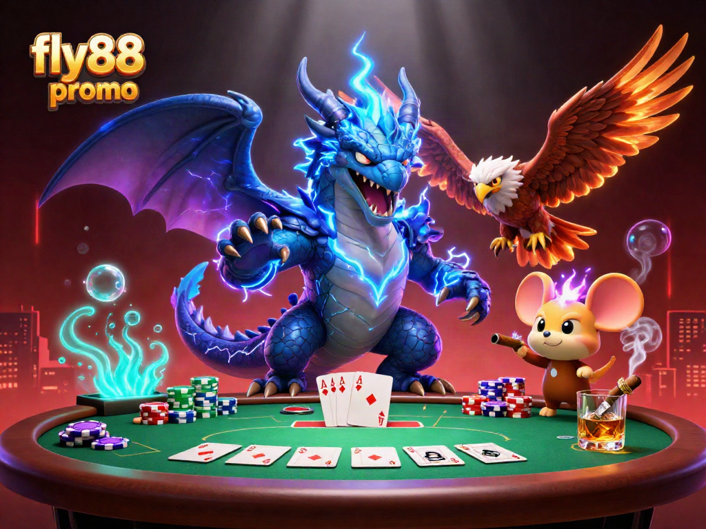 Experience thrilling gameplay with fly88 promo amidst vibrant casino characters and poker elements.