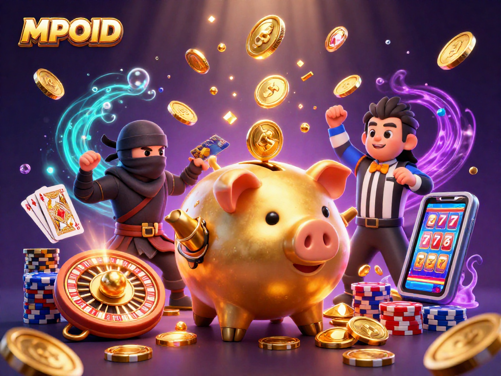 Experience winning with MPOID, as golden coins cascade around lively casino characters.