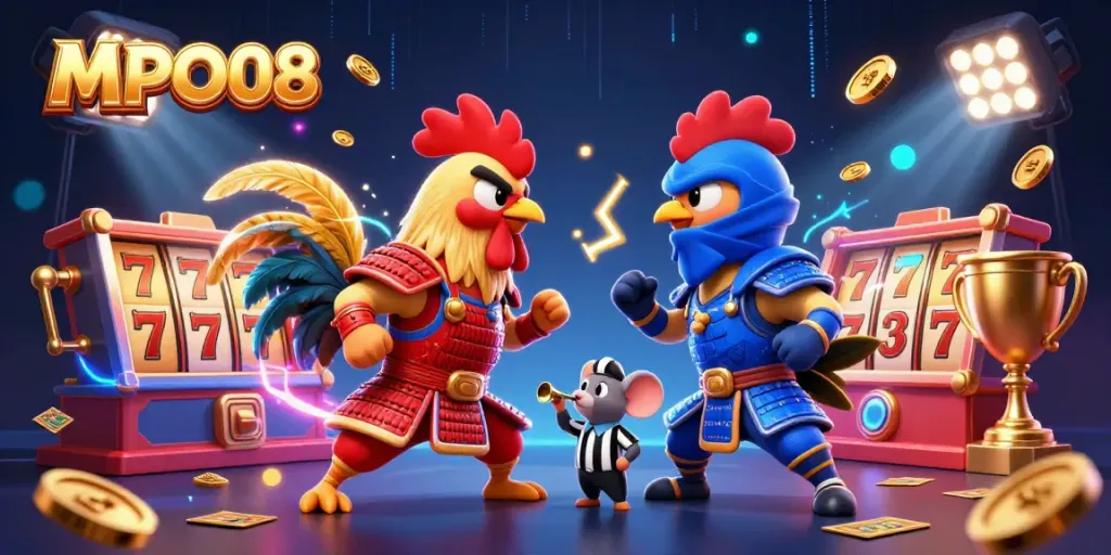 Win big with MPO08 in a vibrant casino scene featuring dramatic fighting roosters and dynamic slot elements.