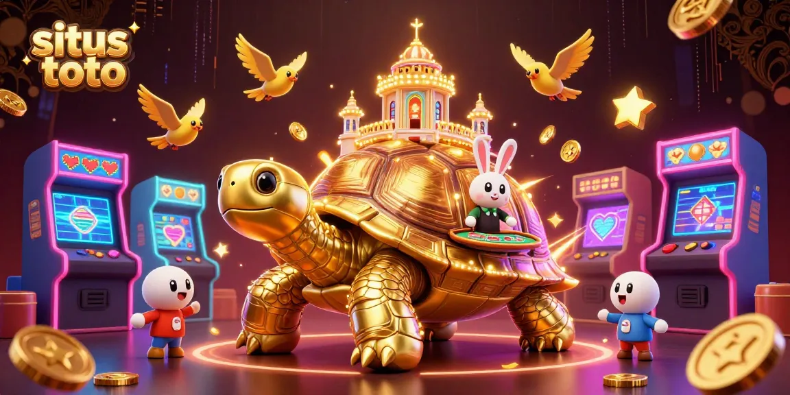 Visualisasi situs toto dengan kura-kura emas dan dealer kelinci di kasino mini, dikelilingi oleh permainan arcade.