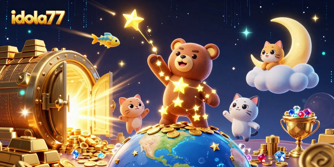 Mainkan idola77 dengan bear konstelasi mengumpulkan koin dari bumi, dikelilingi koin emas dan harta karun.