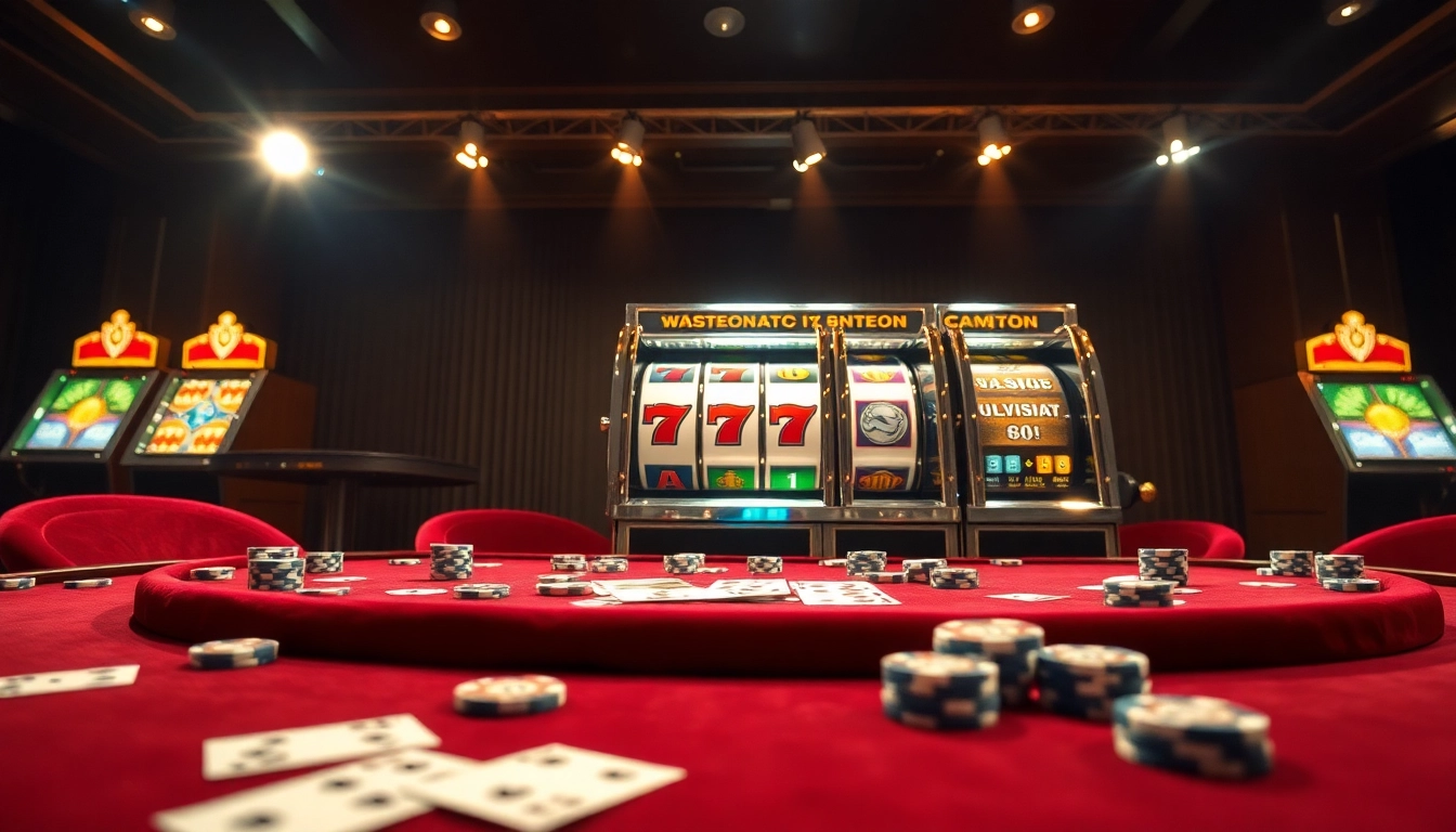 A vibrant slot88 machine setting with poker chips and playing cards in a luxurious casino atmosphere.