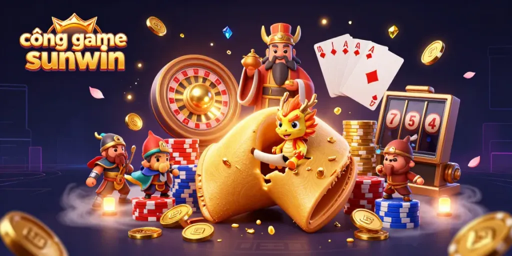 Experience the excitement of cổng game sunwin with animated casino-themed characters amidst cascading gold coins and joyful scenes.