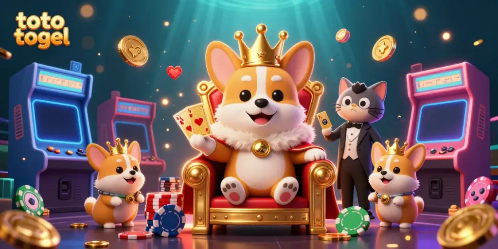 Experience the excitement of toto togel with a royal corgi crowned in casino glory amidst vibrant gaming elements.