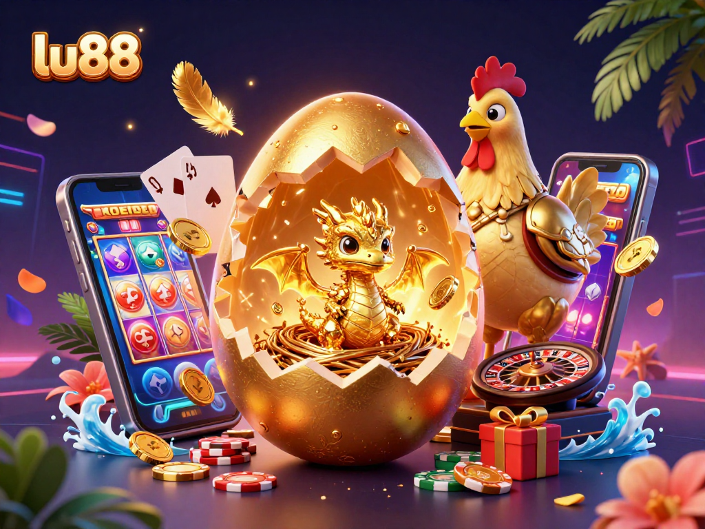 Experience excitement at lu88 with a golden dragon on poker chips, surrounded by vibrant casino elements.