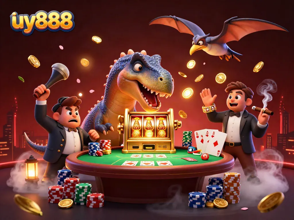 Experience an exhilarating jackpot moment at uy888 with a dinosaur and slot machine in action