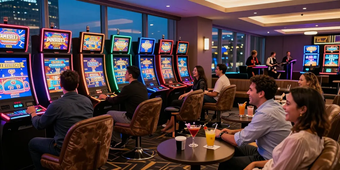 Players enjoying slot gacor games in a vibrant urban lounge atmosphere