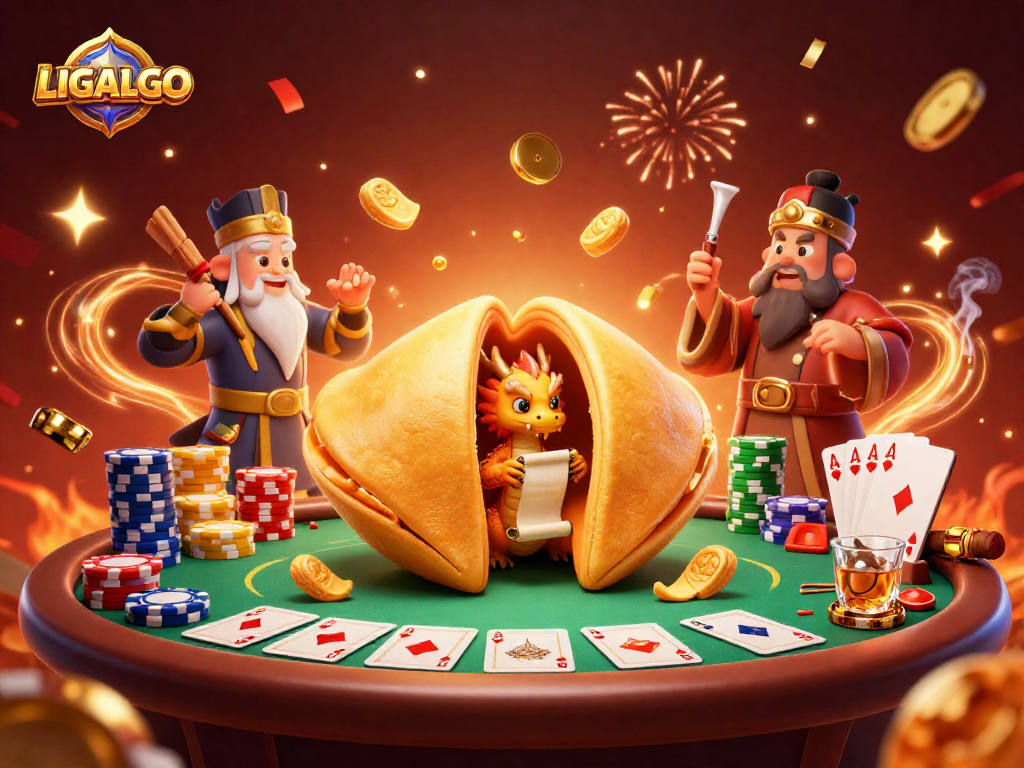 LIGALGO showcases a dynamic scene with an enchanting fortune cookie, poker elements, and magical motifs.