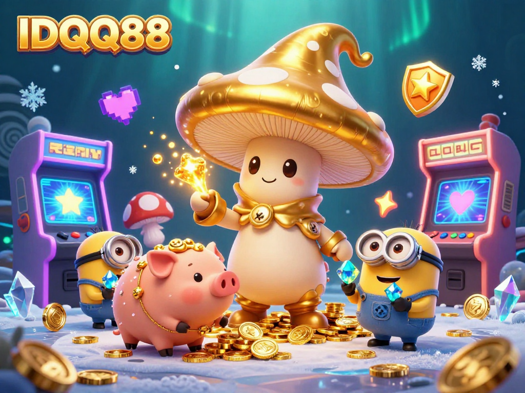 Engage with IDQQ88 in a vibrant gaming scene filled with golden treasures and colorful 3D game elements.