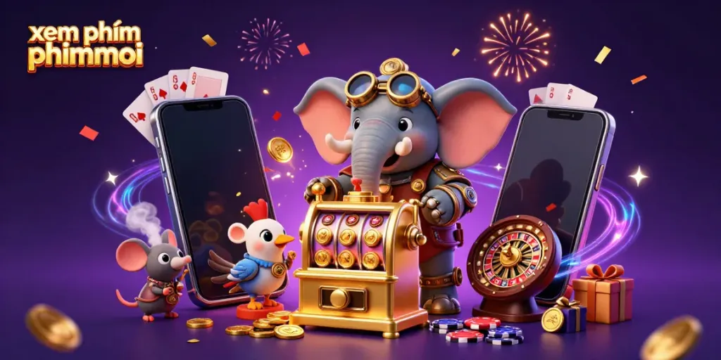 Xem phim phimmoi on a slot machine scene with a steampunk elephant and gold coins exploding.