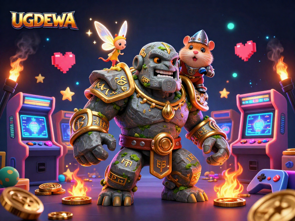 Engage in gaming action with UGDEWA's vibrant casino-themed dynamic illustration featuring a heroic golem.