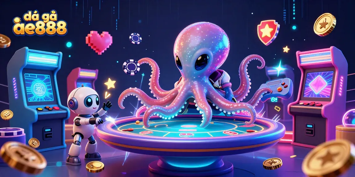 Play the game of đá gà ae888 with alien octopus and holographic poker table in a cosmic casino atmosphere.