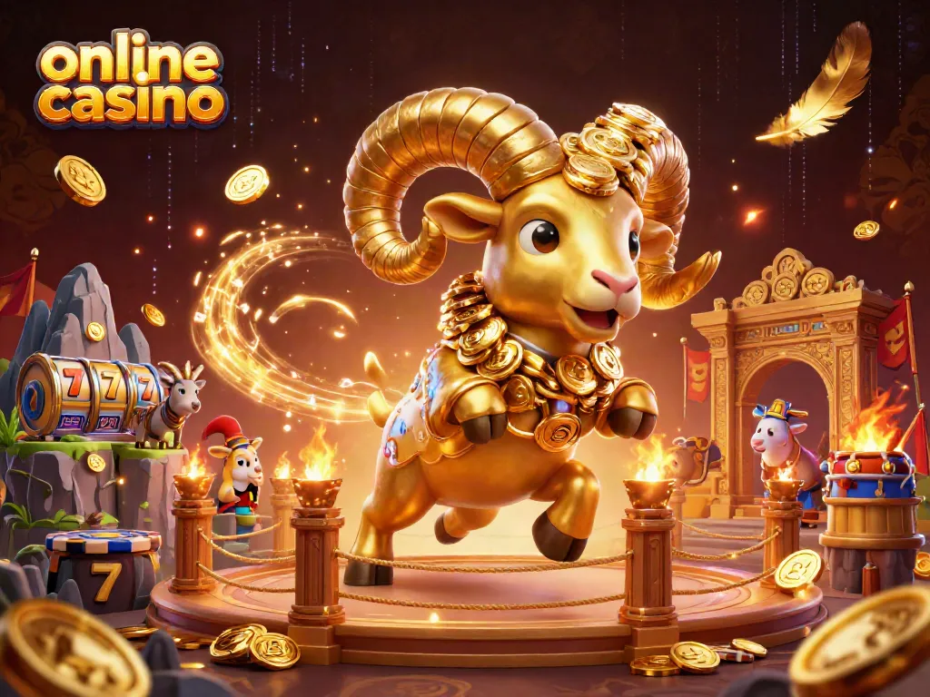 Experience the thrill of an online casino with a dynamic 3D illustration featuring a golden ram charging through an exciting gaming scene.