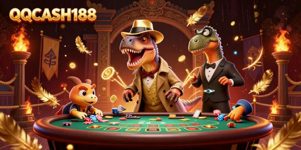 Engage with QQCASH188 as a velociraptor card counter and stegosaurus pit boss in a casino scene.