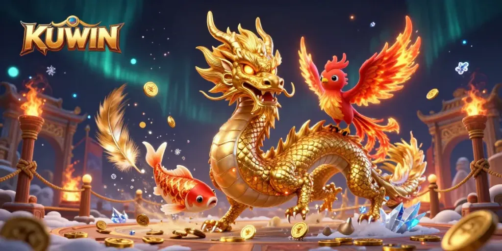 KUWIN invites players to enjoy thrilling action with a golden Chinese dragon, vibrant phoenix, and koi fish in an enriching casino scene.