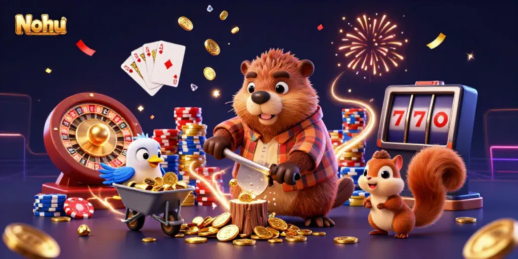 Nohu's cartoon lumberjack beaver chopping a tree that rains gold coins, surrounded by fun casino elements.