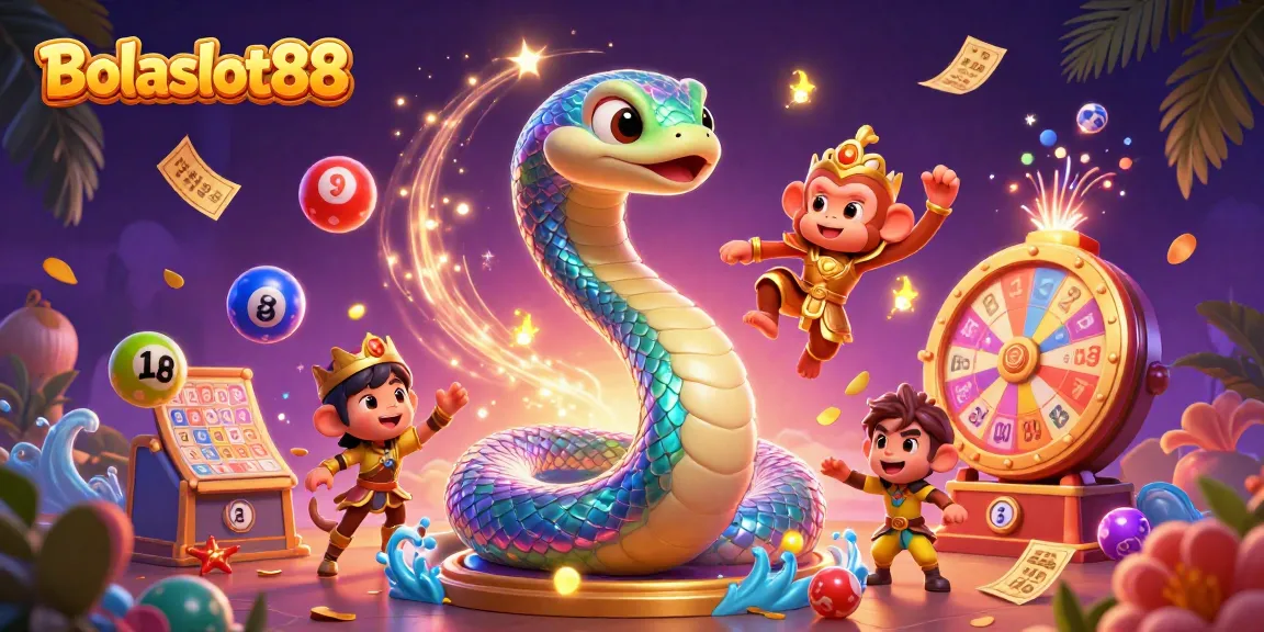 Bolaslot88 captures the thrill of gaming with a dynamic scene featuring colorful lottery balls and vibrant characters.
